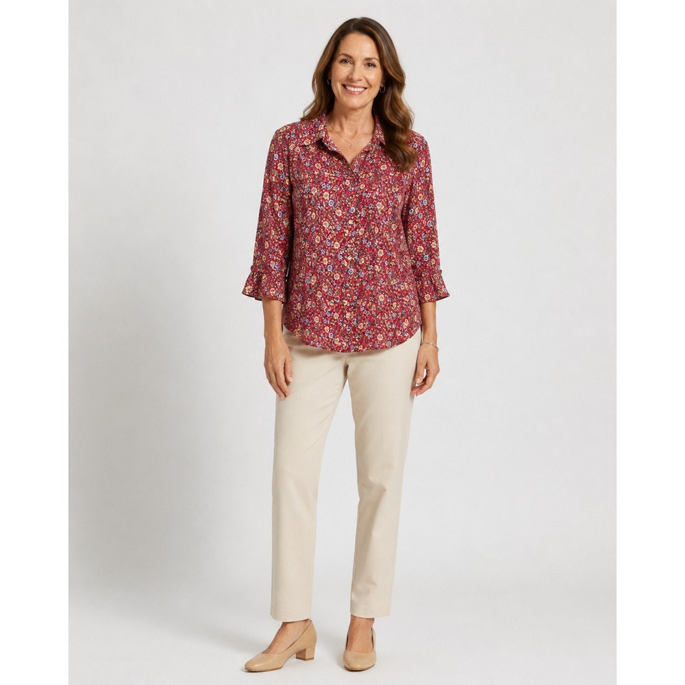 Chaps Button Front Shirt Womens Plus 2X Red Floral Print No Iron Cotton